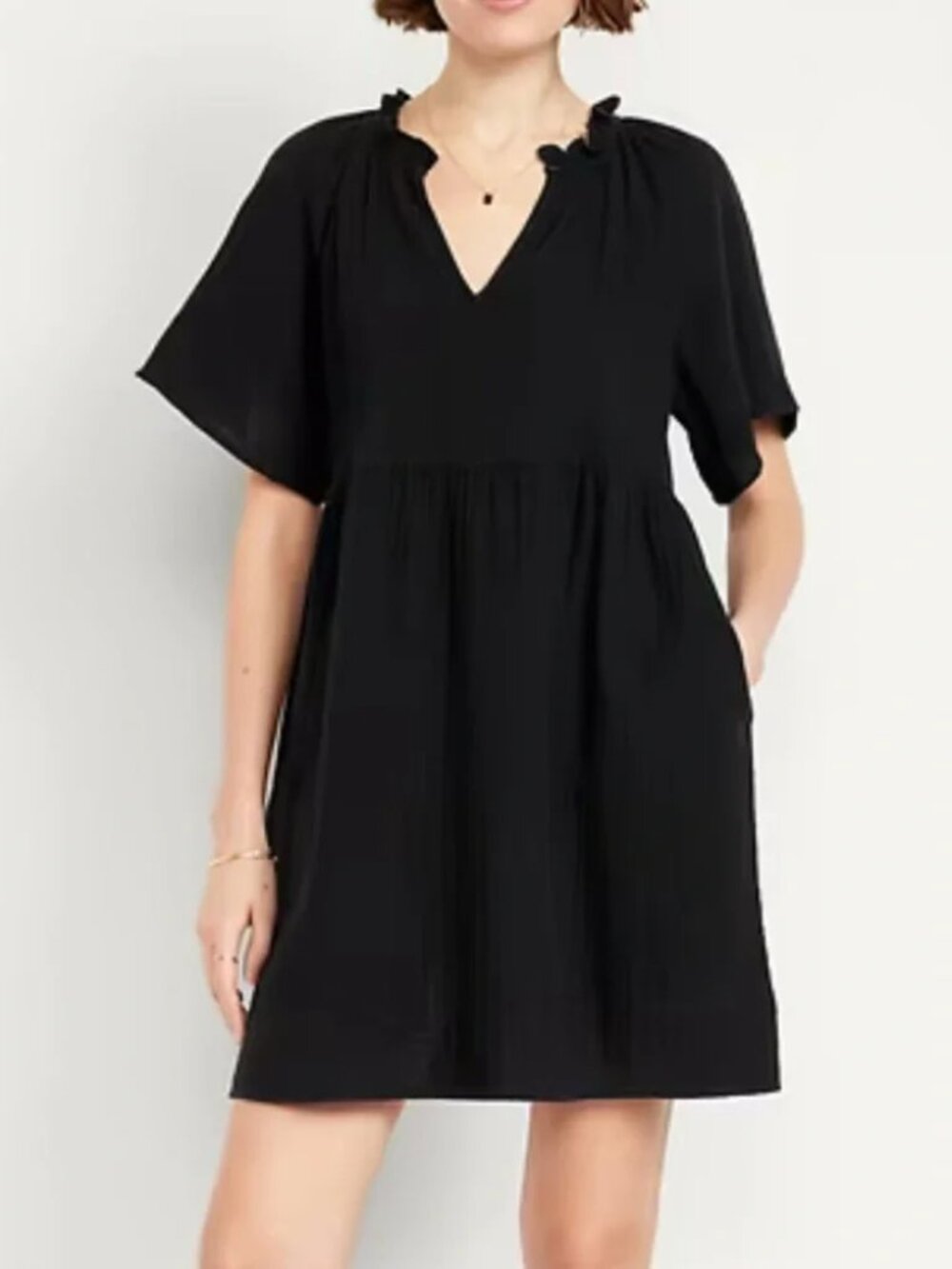 OLD NAVY 100% Cotton Crinkle Gauze Mini Swing Dress, V Neck, Black, Size Small